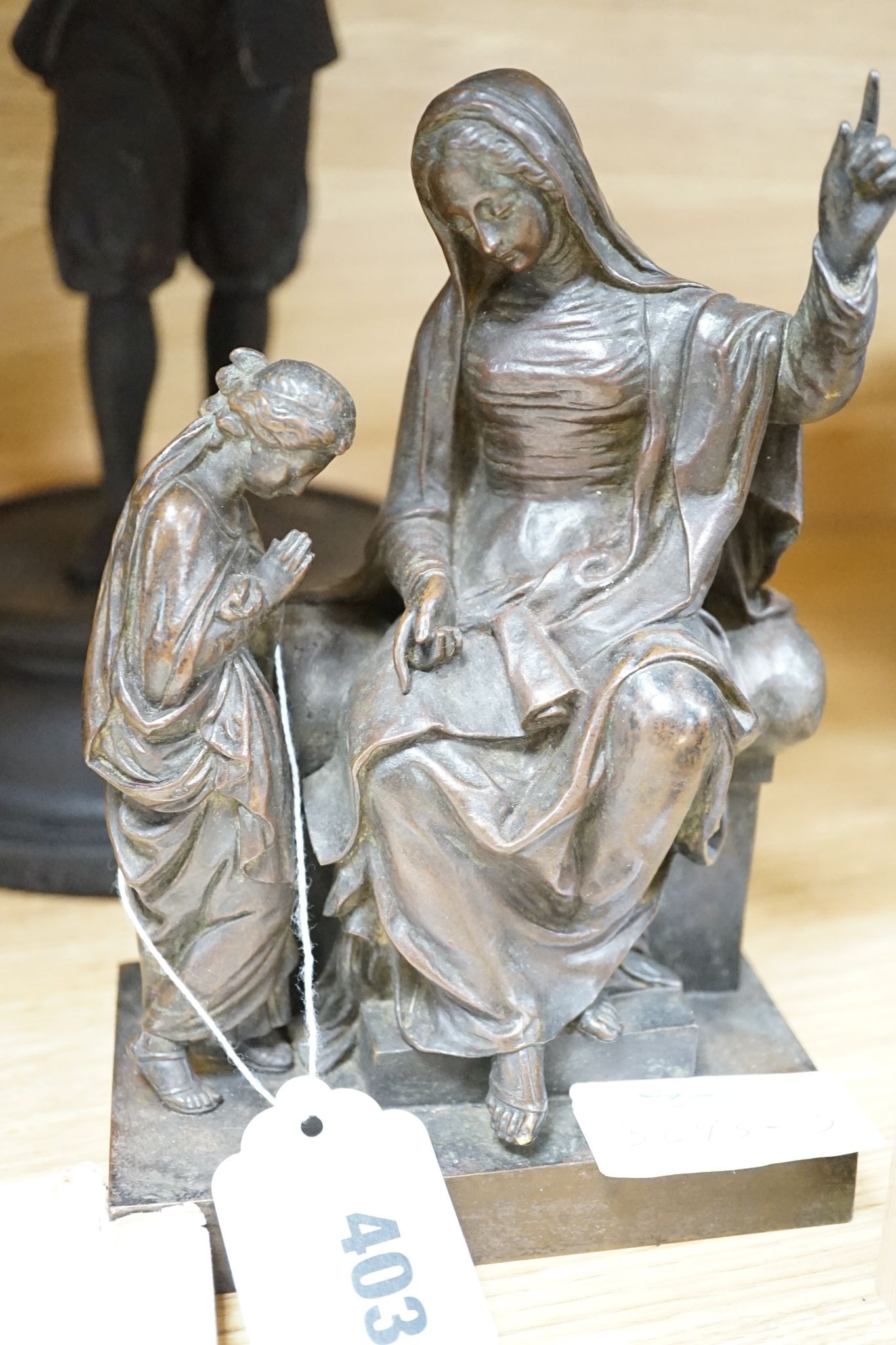 Various bronze figures and a figure group, together with ivory box painted with young boy, indistinctly signed, tallest 37cm